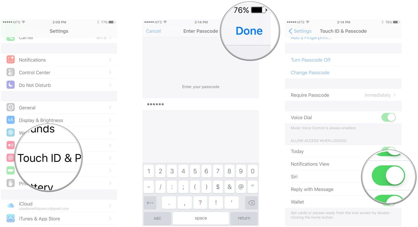 Нажмите Touch ID и пароль, введите свой пароль, нажмите «Готово», чтобы переключить переключатель рядом с Siri.