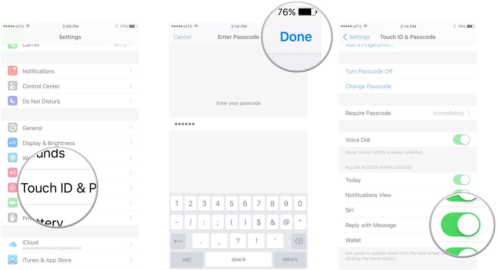 Нажмите «Touch ID» и «Код доступа», введите свой пароль, нажмите «Готово», переключите переключатель рядом с «Ответить с сообщением».
