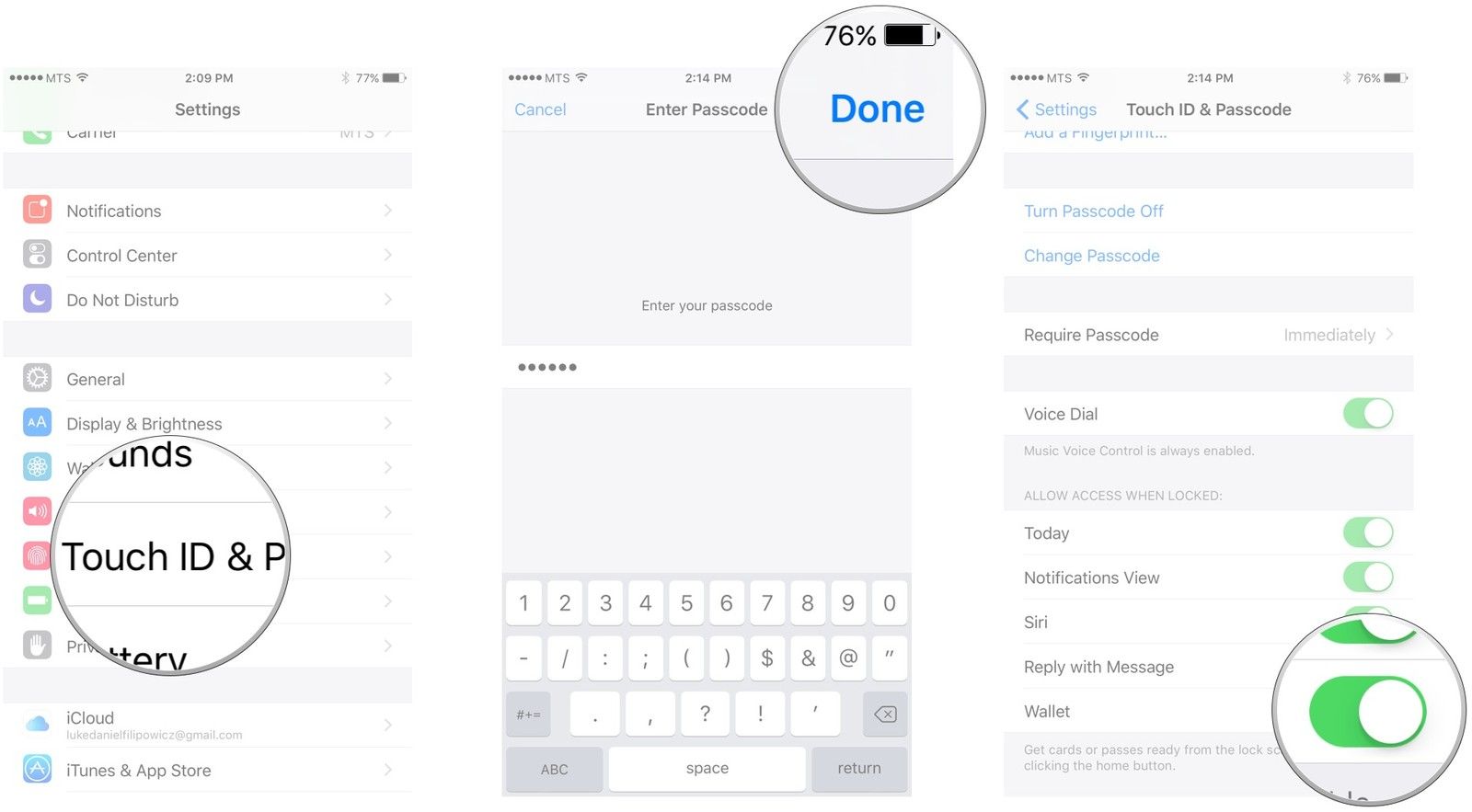 Нажмите «Touch ID» и «Код доступа», введите свой пароль, нажмите «Готово», переключите переключатель рядом с «Кошельком».