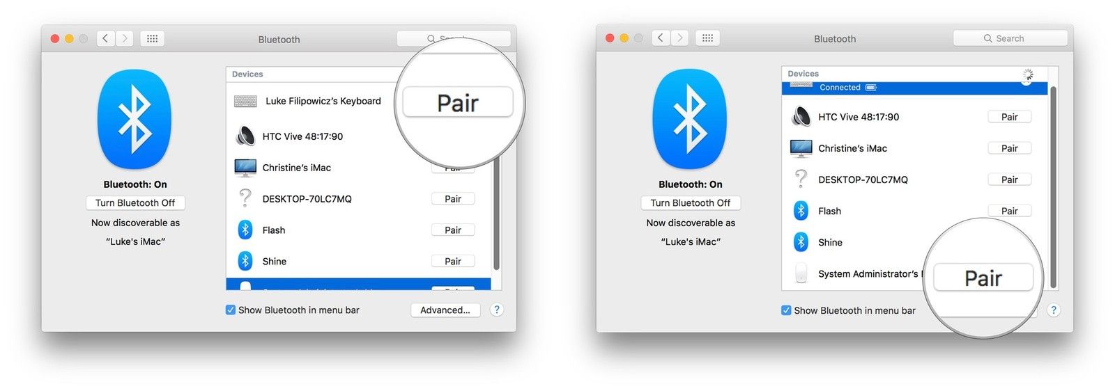 Нажмите кнопку «Соединить» рядом с клавиатурой, которую хотите связать, а затем нажмите «Пара» рядом с мышью, которую хотите связать.