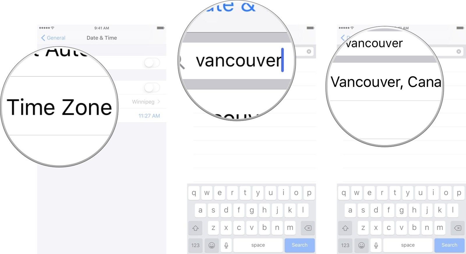 Нажмите &laquo;Часовой пояс&raquo;, введите название города, который находится в часовом поясе, который вы хотите, а затем нажмите на город из списка ниже.
