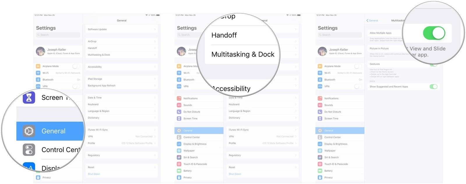 Нажмите «Общие», нажмите «Многозадачность и док», флип-переключатель