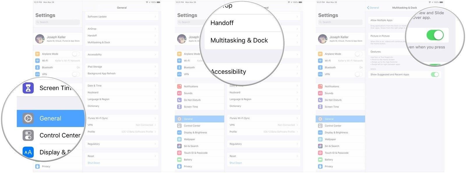 Нажмите «Общие», нажмите «Многозадачность и док», флип-переключатель