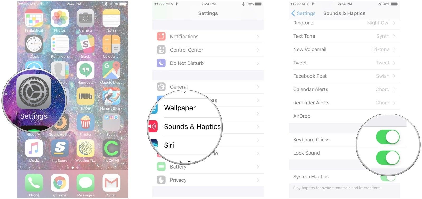 Запустите «Настройки», нажмите «Звуки и звук», нажмите переключатели рядом с «Щелчки клавиатуры» и «Блокировка звука».