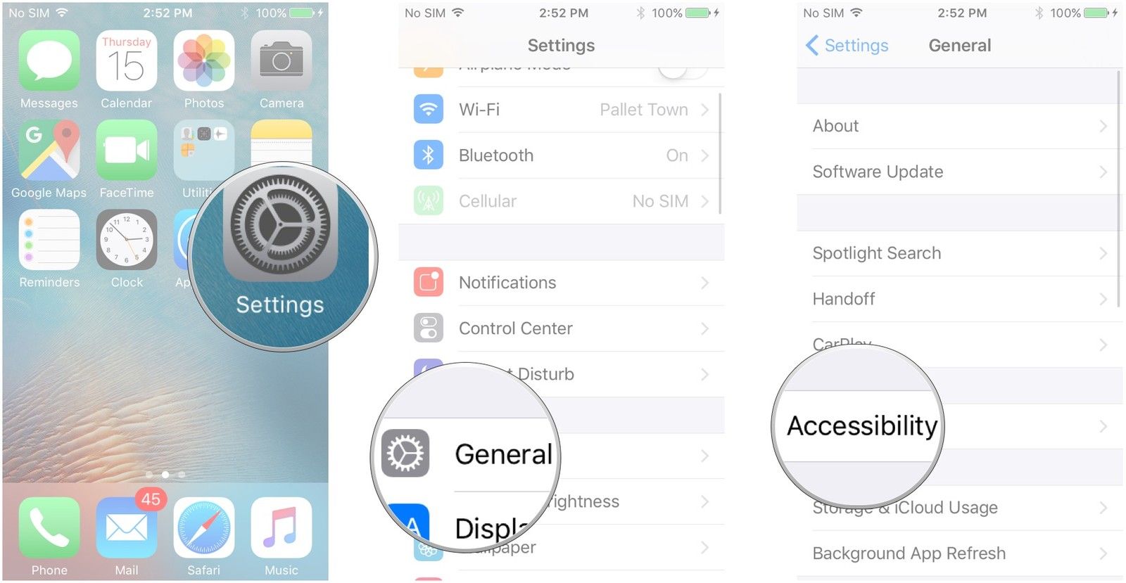 Запустите настройки, нажмите «Общие», нажмите «Специальные возможности»