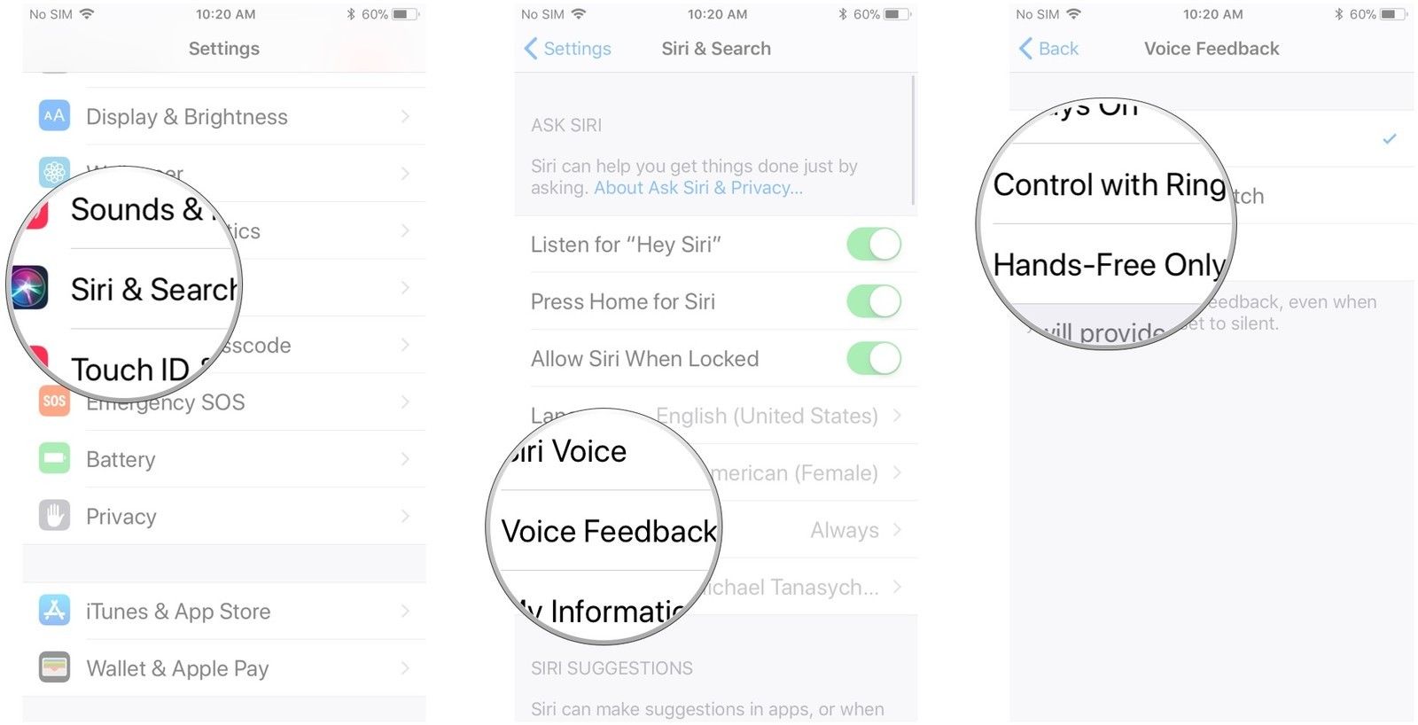 Нажмите Siri & Search, нажмите «Голосовая обратная связь», нажмите опцию