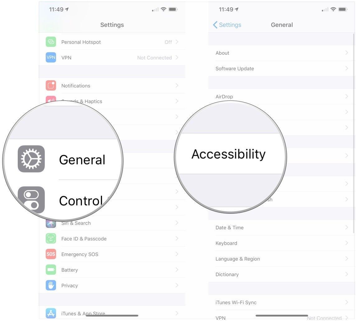 Нажмите Общие, нажмите Доступность