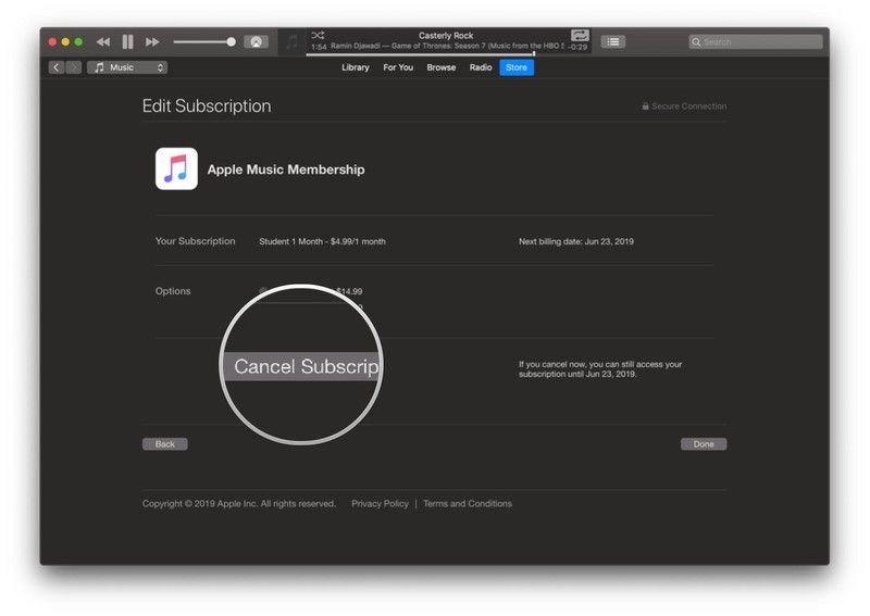 Мохаве ITunes, учетные записи, Apple Music, отмена Apple Music