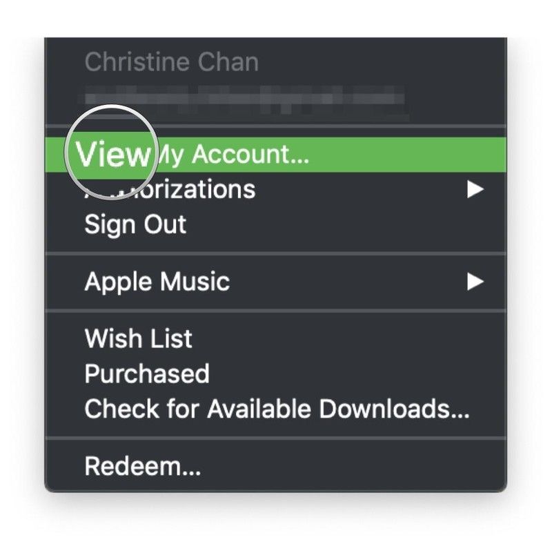 Mojave iTunes, учетная запись Menubar, Просмотреть мою учетную запись