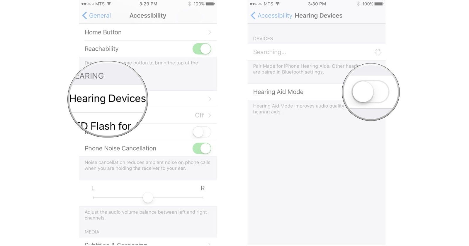 Нажмите «Слуховые аппараты», нажмите на переключатель, чтобы включить режим слухового аппарата.