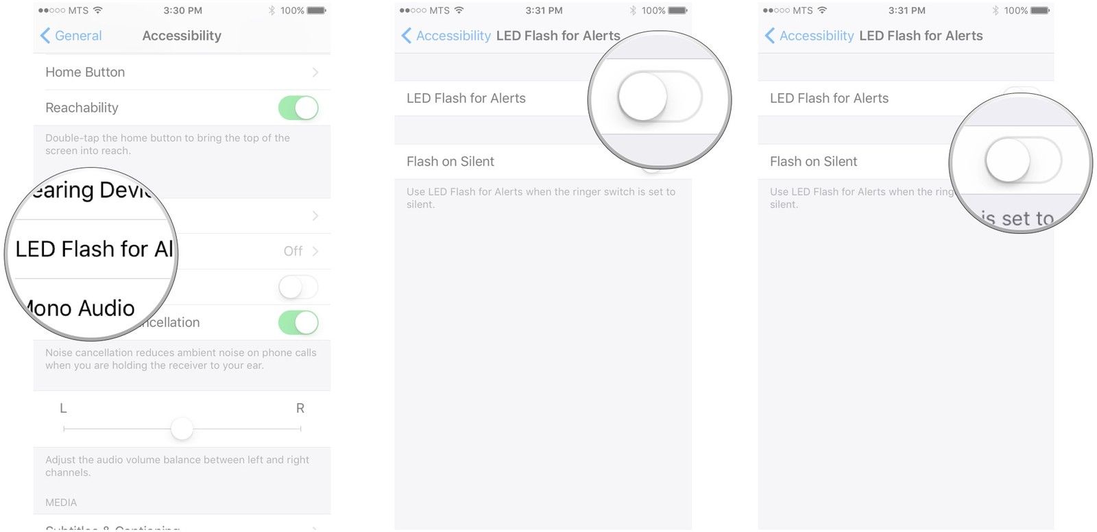 нажмите «Вспышка» для предупреждений, нажмите переключатель рядом с «LED FL», нажмите «Вспышка» для предупреждений, нажмите переключатель рядом с «Вспышка в режиме без звука».