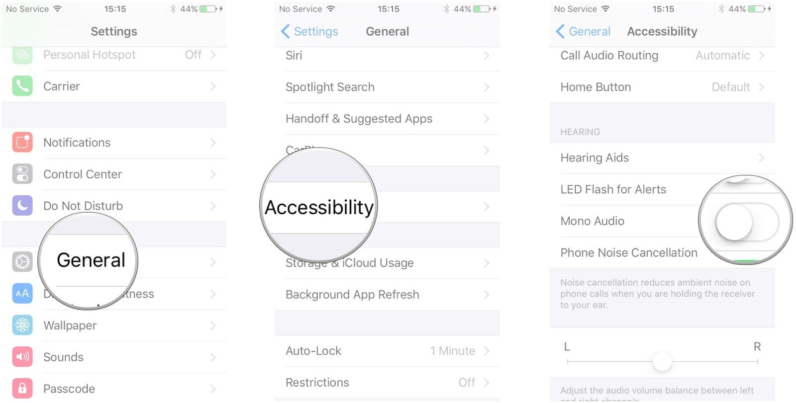 Нажмите «Основные», нажмите «Доступность», нажмите переключатель, чтобы включить монофонический звук.