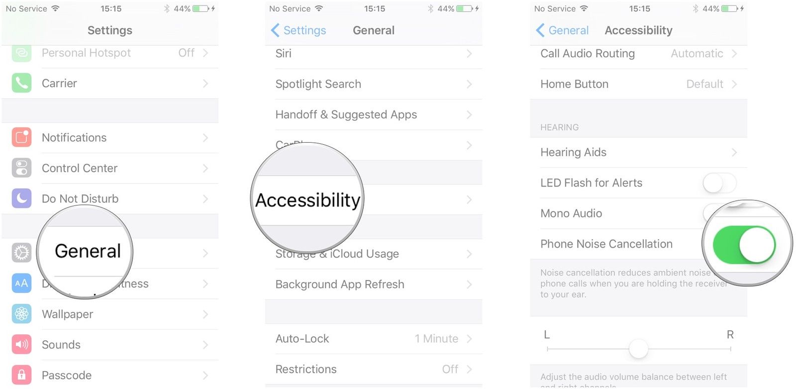 Нажмите «Основные», нажмите «Доступность», нажмите переключатель, чтобы включить подавление шумов телефона.