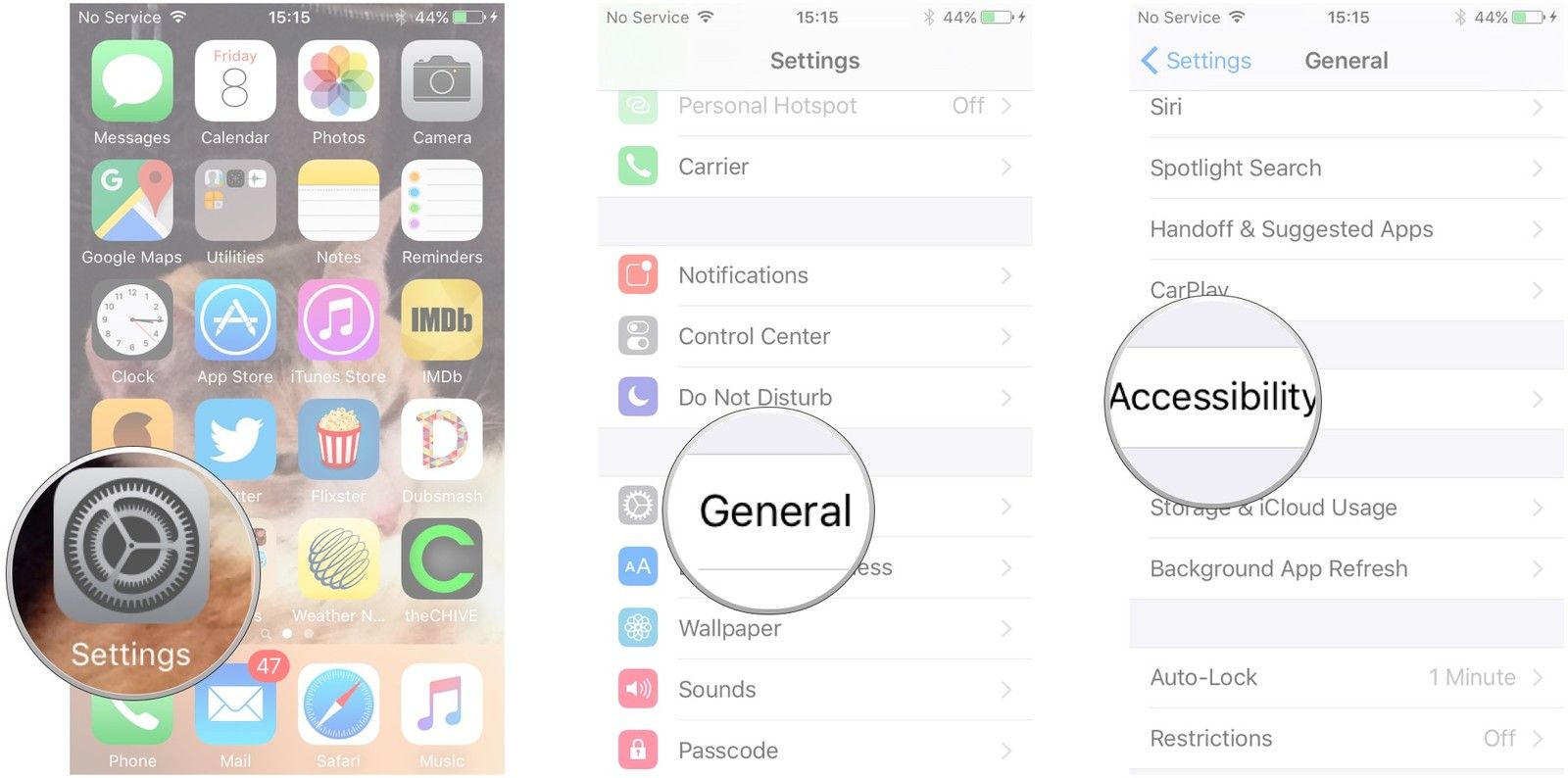 Запустите приложение «Настройки», нажмите «Общие», нажмите «Специальные возможности»