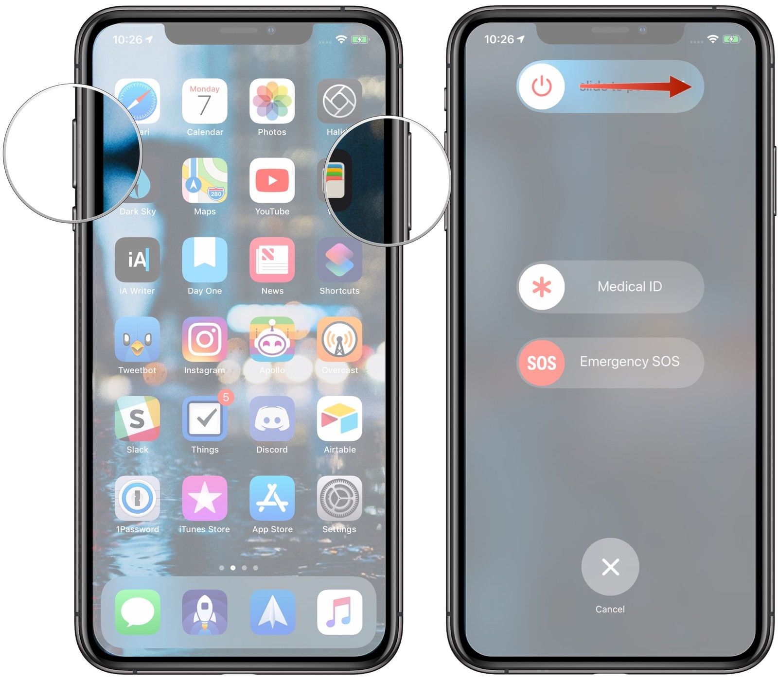 Нажмите и удерживайте кнопку сна / пробуждение и громкость, проведите вправо