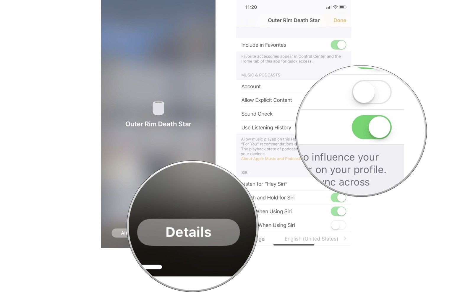 Нажмите «Детали», затем отключите «Использовать историю прослушивания».