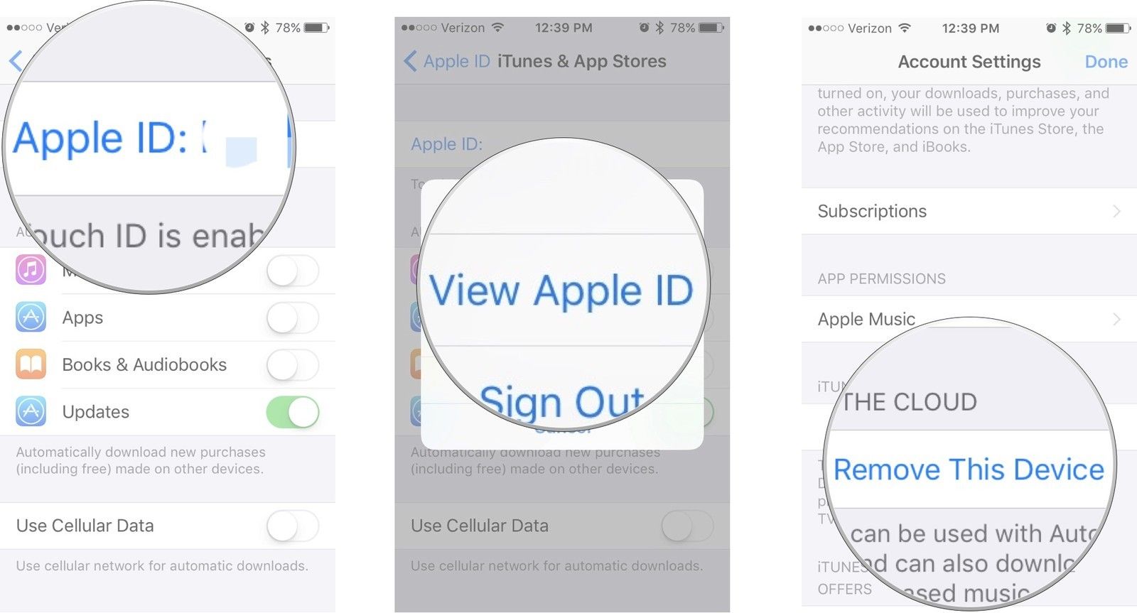 Нажмите «Apple ID», затем нажмите «Показать Apple ID», затем нажмите «Удалить это устройство».