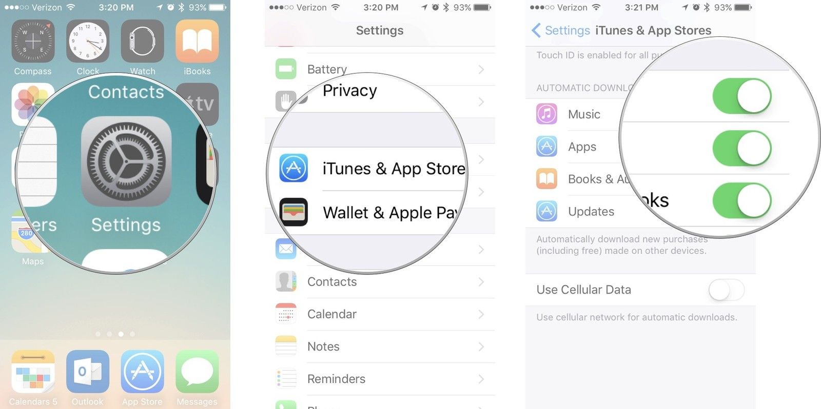 Нажмите «Настройки», затем нажмите «iTunes» и «Магазины приложений», затем нажмите «Музыка», «Приложения» и «Книги».