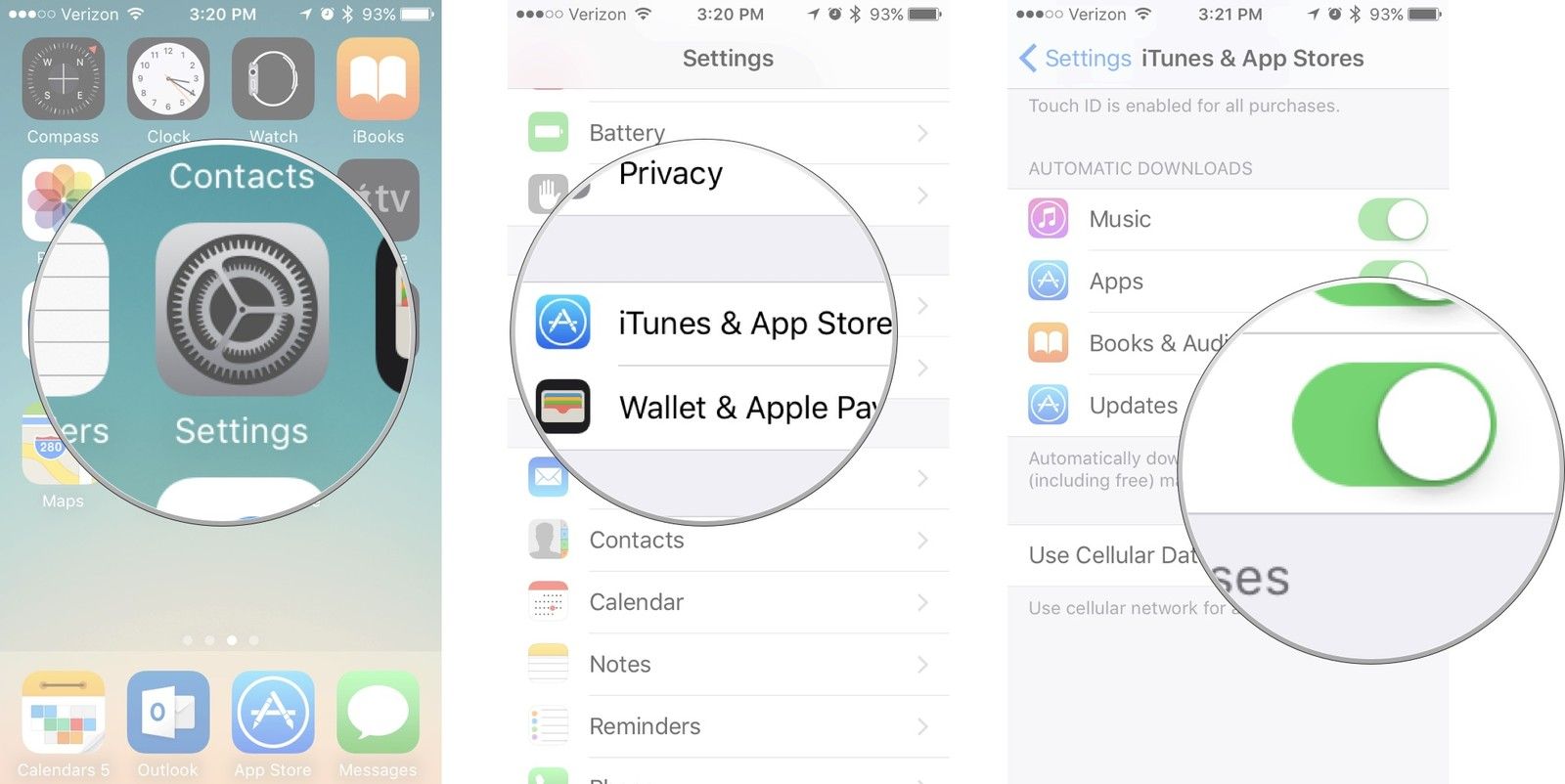 Нажмите «Настройки», затем нажмите «iTunes» и «Магазины приложений», затем нажмите «Обновления».