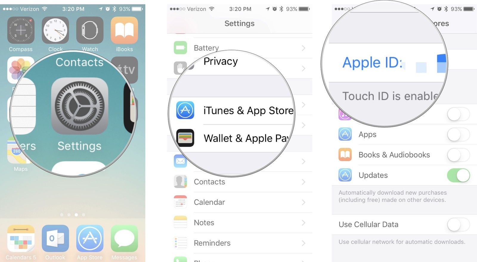 Нажмите «Настройки», затем нажмите «iTunes» и «Магазины приложений», затем нажмите свой Apple ID