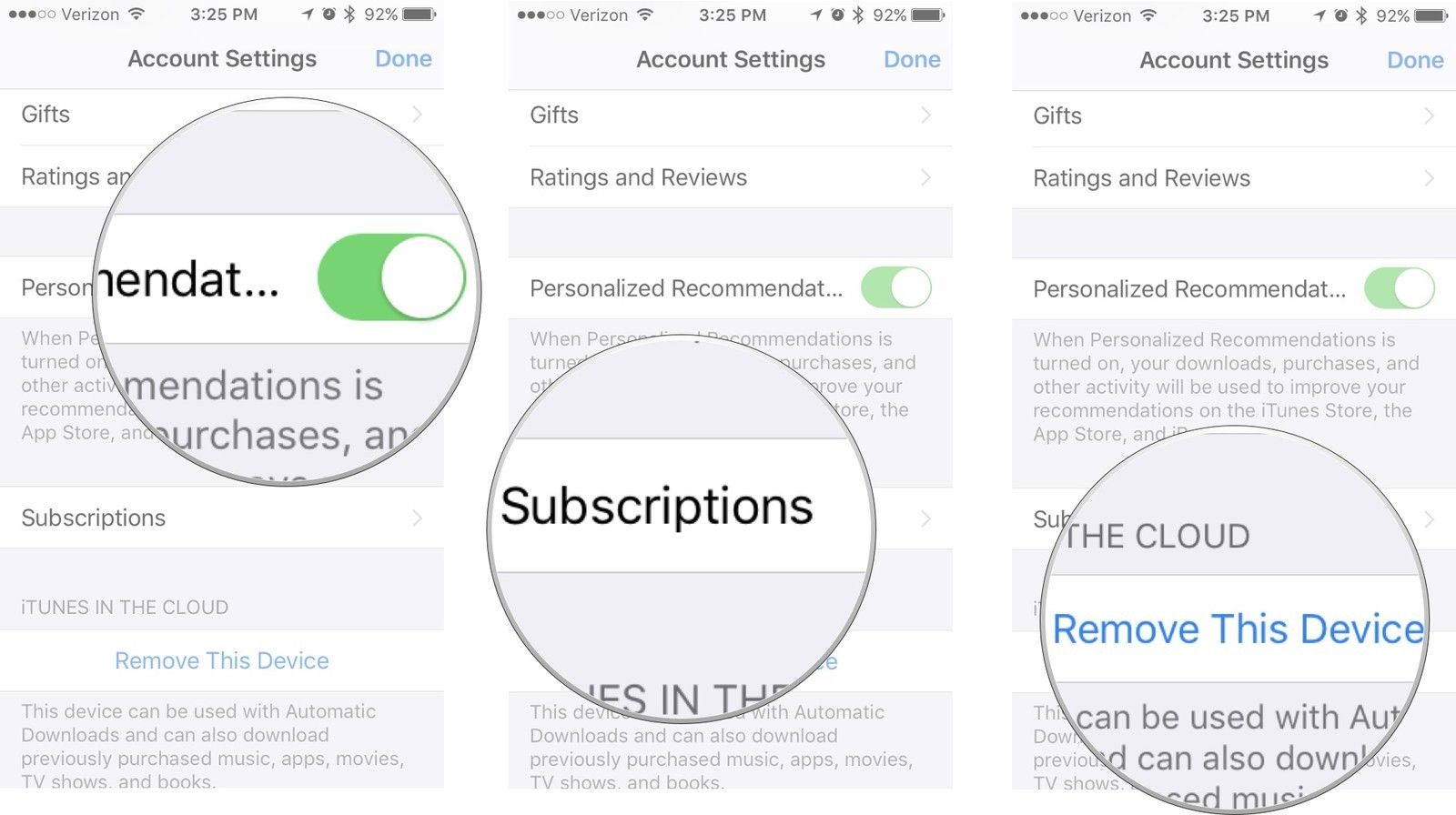 Переключить персональные рекомендации, нажмите «Подписки», нажмите «Удалить устройство».