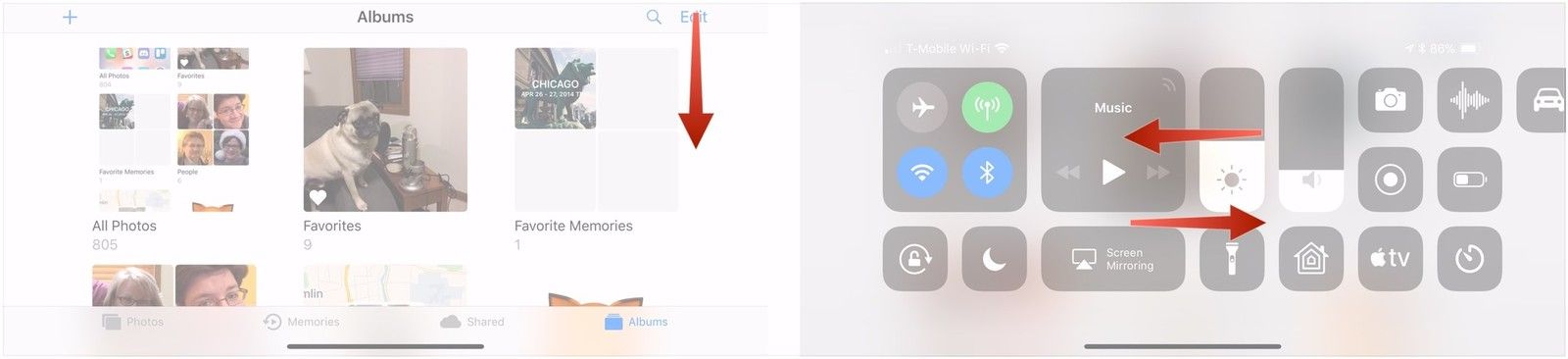 Проведите вниз от верхнего правого, проведите вправо или влево для элементов управления