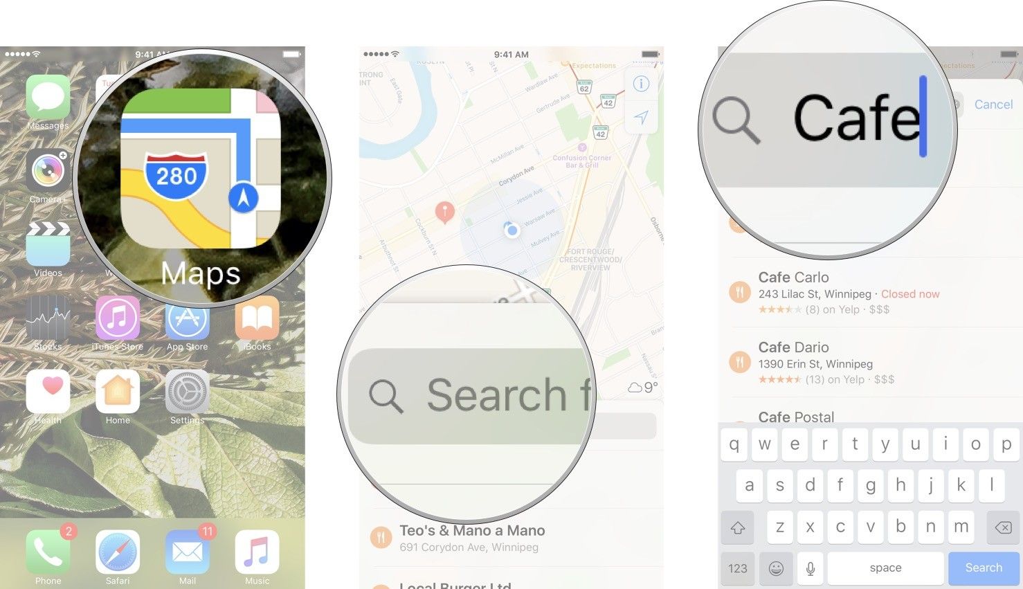Запустите Карты, коснитесь панели поиска, а затем начните вводить имя ресторана.