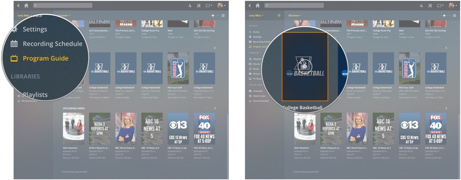 Нажмите на руководство по программе, затем нажмите на телешоу