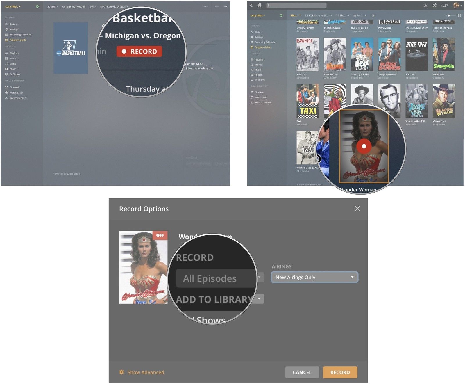 Нажмите «Запись» или нажмите красную кнопку на шоу и выберите «Все эпизоды».