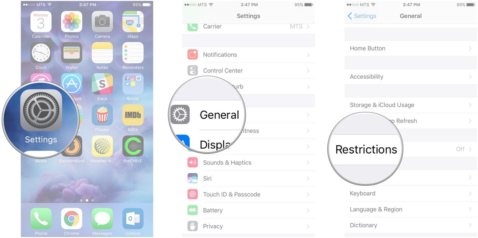 Запустите настройки, нажмите «Общие», нажмите «Ограничения»