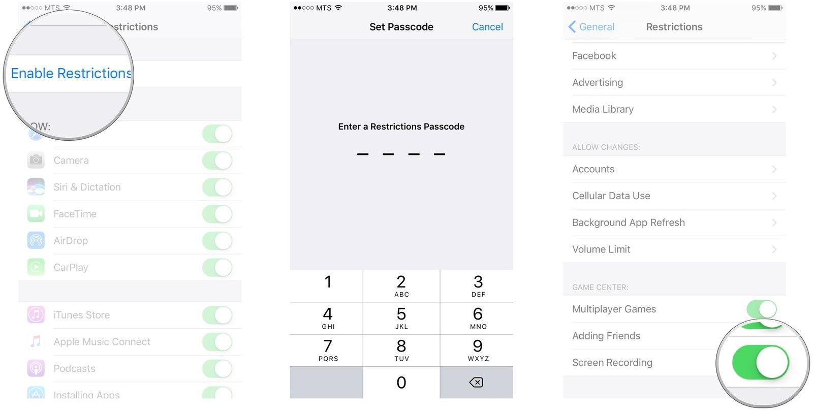 Нажмите «Включить ограничения», введите пароль, введите его еще раз для подтверждения, нажмите переключатель рядом с «Запись экрана» в нижней части Game Center внизу.