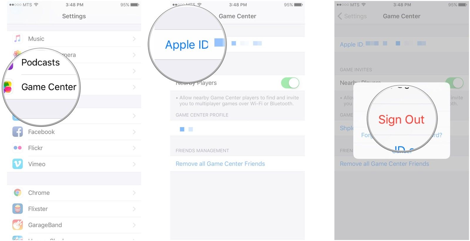 Нажмите «Game Center», нажмите «Apple ID», нажмите «Выйти».