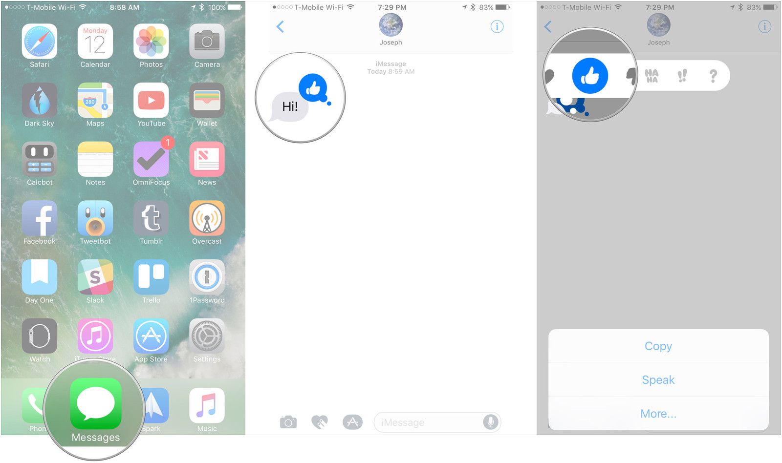 Открыть сообщения, нажмите на тапбек