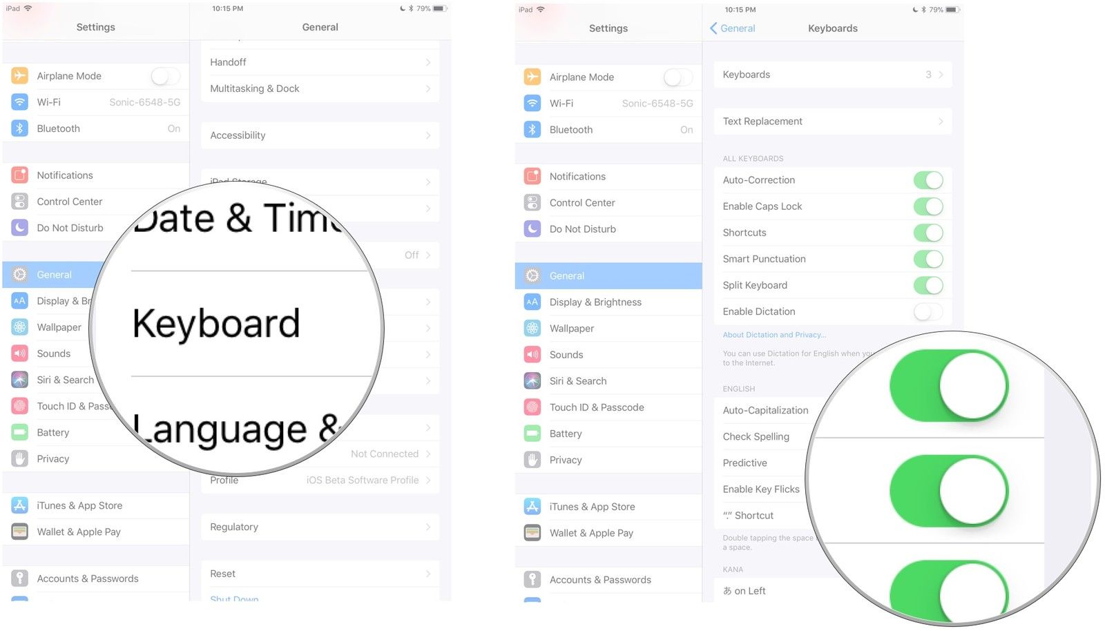 Нажмите &laquo;Клавиатура&raquo;, затем включите ключевые нажатия
