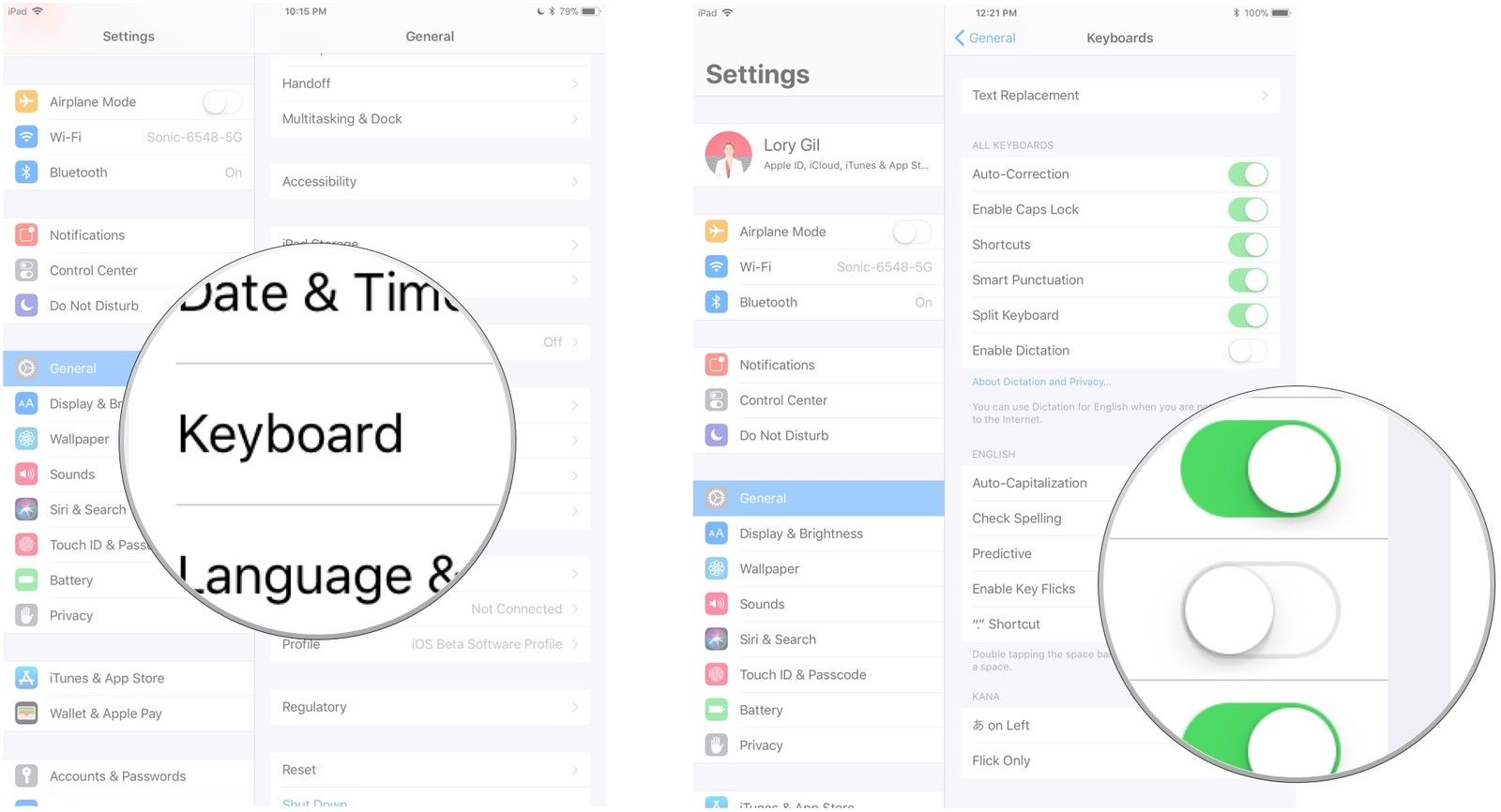 Нажмите &laquo;Клавиатура&raquo;, затем отключите ключевые нажатия