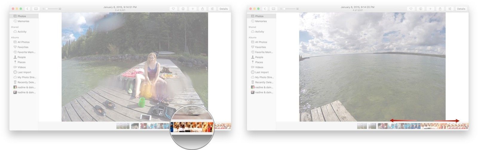 Наведите курсор на полосу прокрутки и начните прокручивать, чтобы увидеть свои фото и видео.