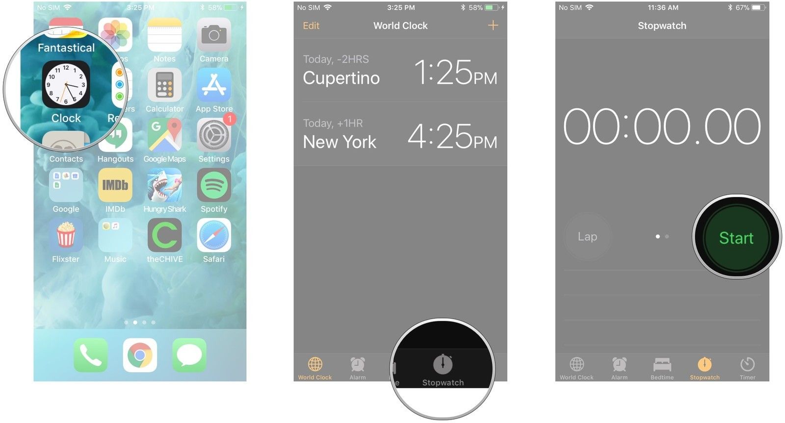 Запустите приложение «Часы», нажмите кнопку «Секундомер», нажмите «Пуск».