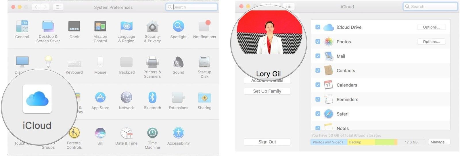 Нажмите на iCloud, затем проверьте учетную запись iCloud.