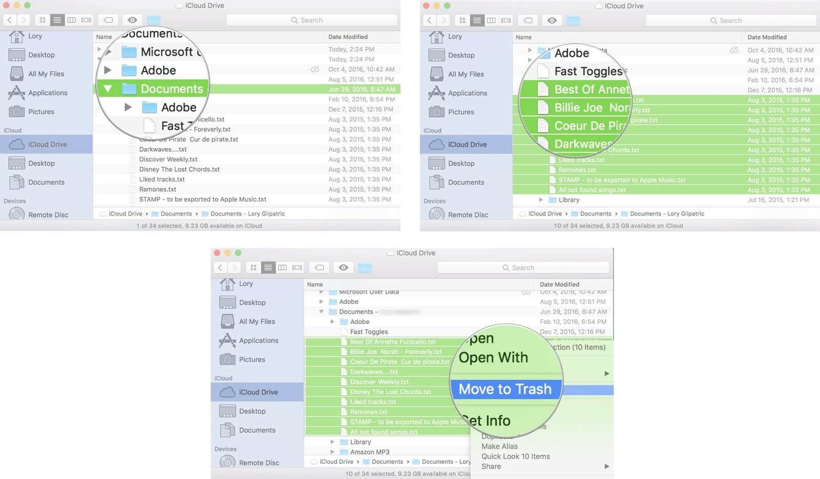 Откройте папку, затем выберите файлы, затем щелкните правой кнопкой мыши и выберите корзину