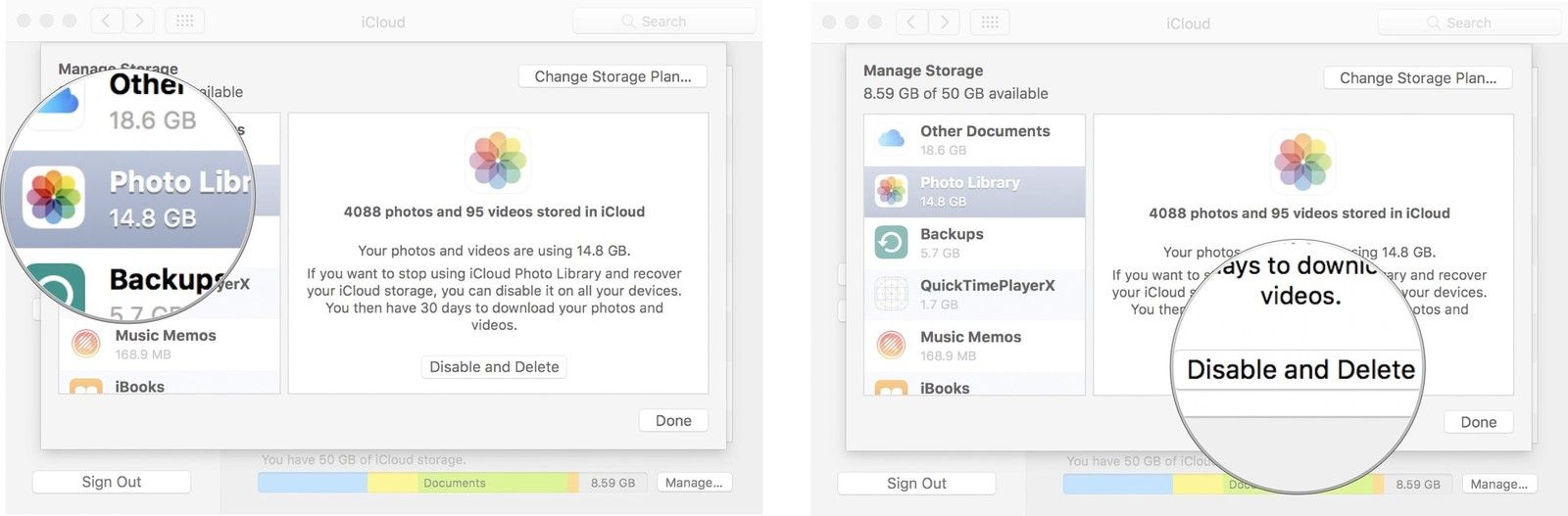 Нажмите на библиотеку фотографий, затем нажмите отключить и удалить
