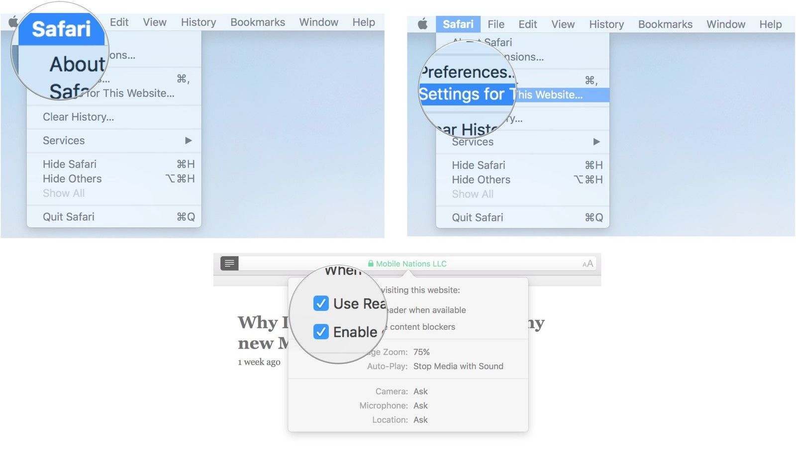 Нажмите Safari, затем Настройки для этого сайта, затем настройте правила