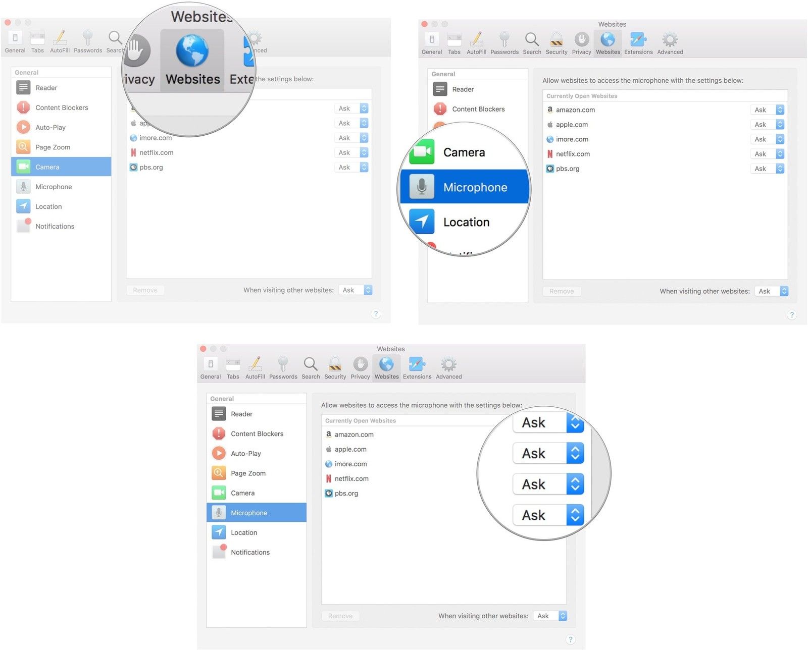 Выберите Веб-сайты, затем Микрофон, затем правило