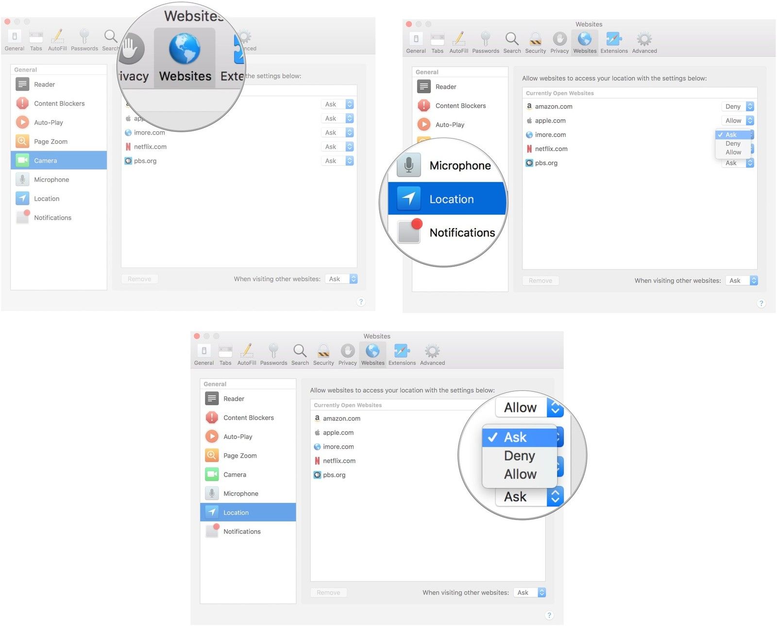 Выберите Веб-сайты, затем Местоположение, затем URL