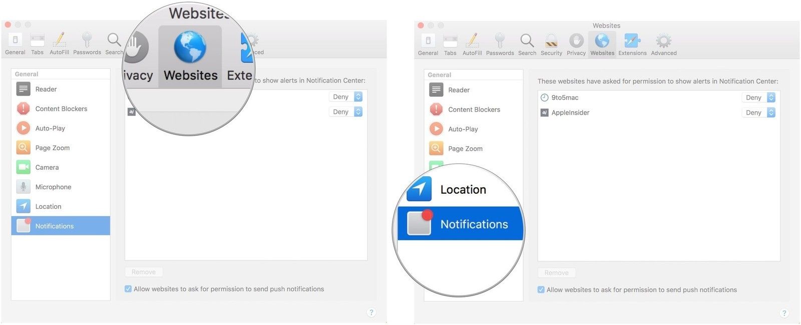 Выберите Веб-сайты, затем Уведомление