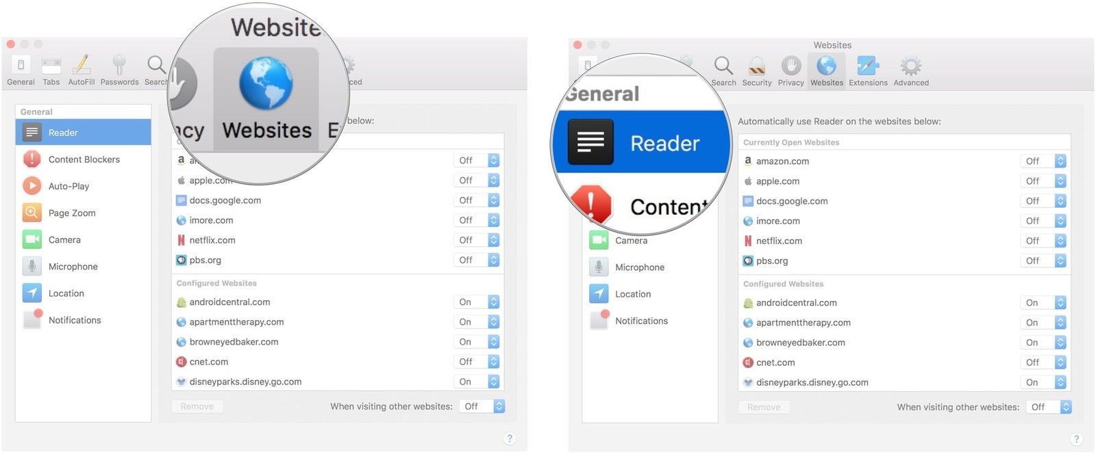 Выберите сайты, затем читатель