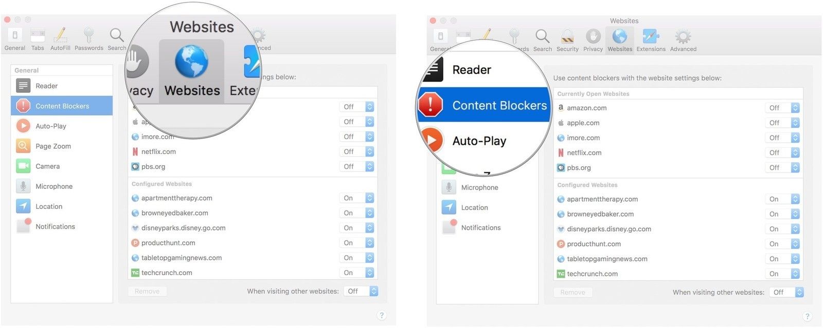 Выберите сайты, затем блокировщики контента