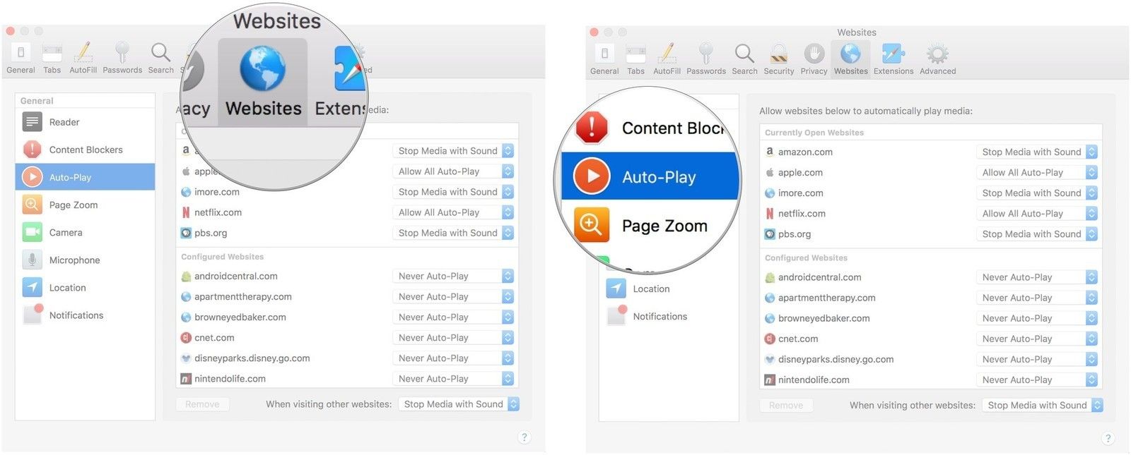 Выберите Веб-сайты, затем Автовоспроизведение