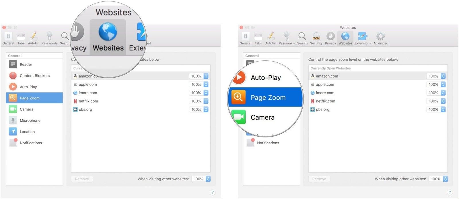 Выберите сайты, затем Page Zoom