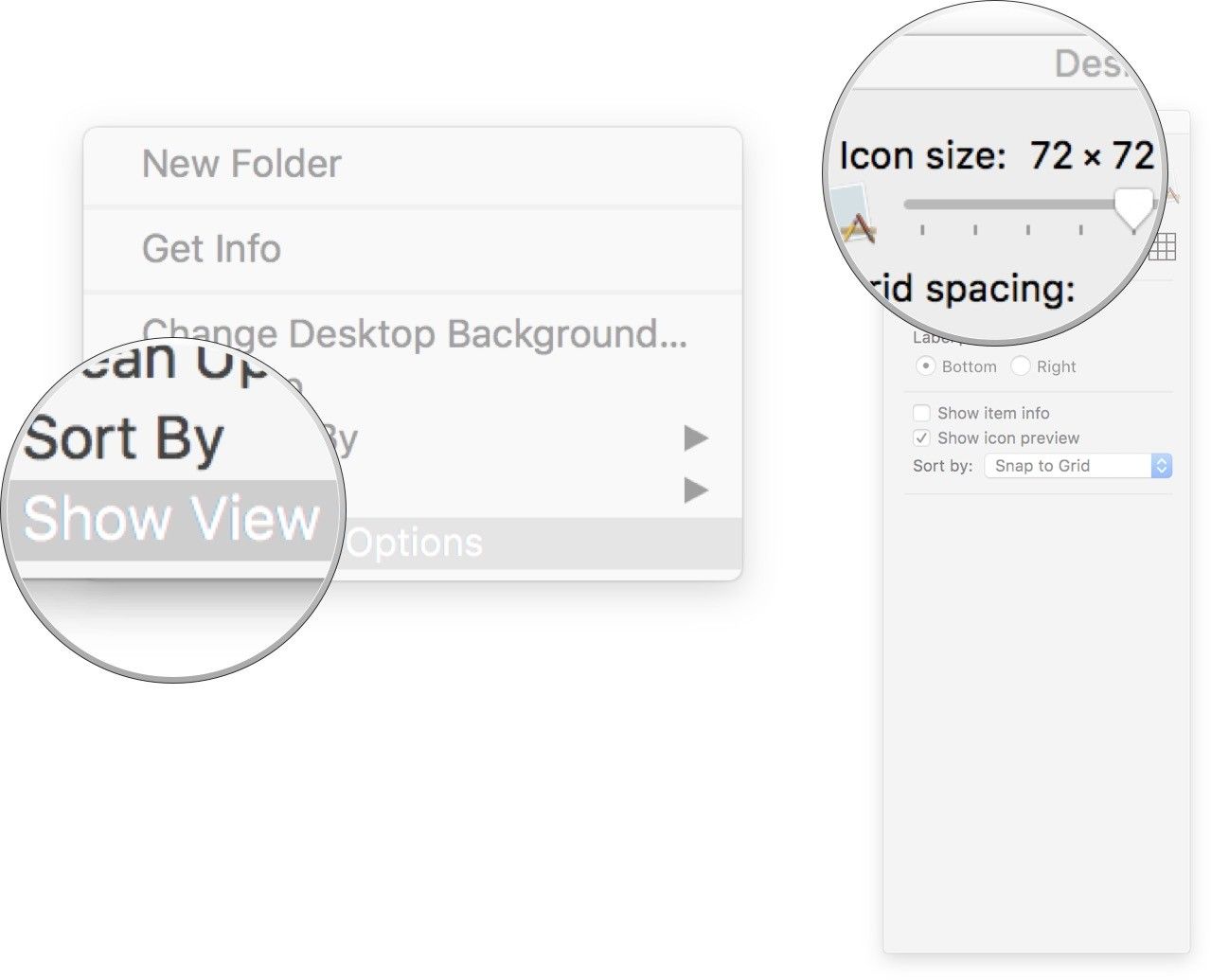 Щелкните правой кнопкой мыши любое пустое место на рабочем столе, выберите «Показать параметры», а затем отрегулируйте размер значка с помощью ползунка.