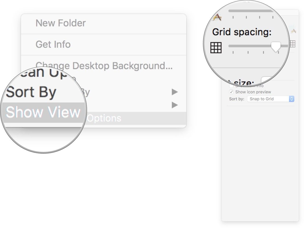 Щелкните правой кнопкой мыши любое пустое место на рабочем столе, выберите «Показать параметры», а затем отрегулируйте размер значка с помощью ползунка.